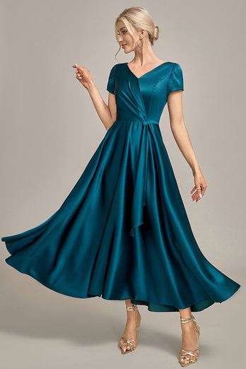 Pfauengrünes Satin-Kleid mit V-Ausschnitt und A-Linie, plissiertes Mutter-der-Braut-Kleid