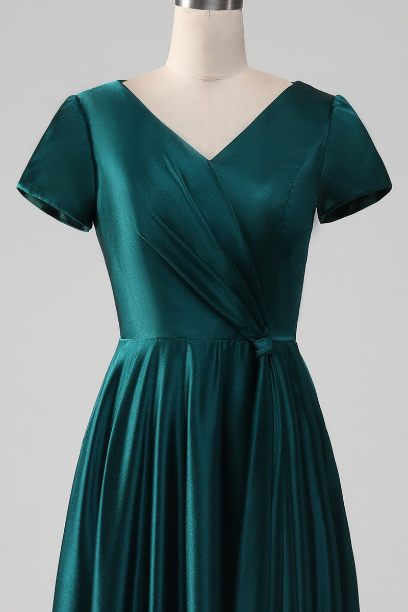 Laden Sie das Bild in den Galerie-Viewer, Pfauen-Satin-Kleid mit V-Ausschnitt und A-Linie Plissee-Mutter-der-Braut-Kleid