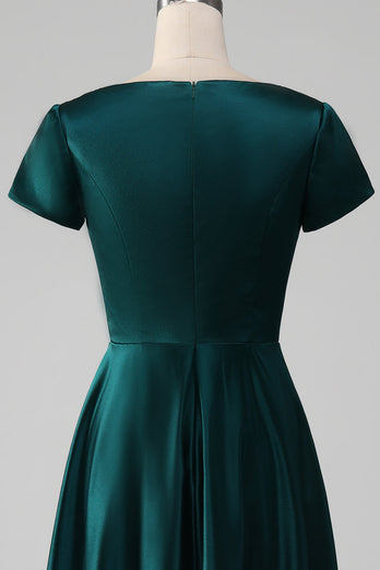 Pfauen-Satin-Kleid mit V-Ausschnitt und A-Linie Plissee-Mutter-der-Braut-Kleid