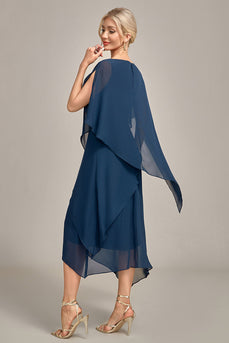 Marineblaues Chiffon-Kleid in A-Linie mit U-Ausschnitt für die Mutter der Braut