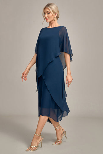 Marineblaues Chiffon-Kleid in A-Linie mit U-Ausschnitt für die Mutter der Braut