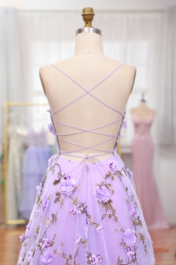 Wunderschönes Lila A-Linie Spaghettiträger Langes Ballkleid mit 3D-Blumen