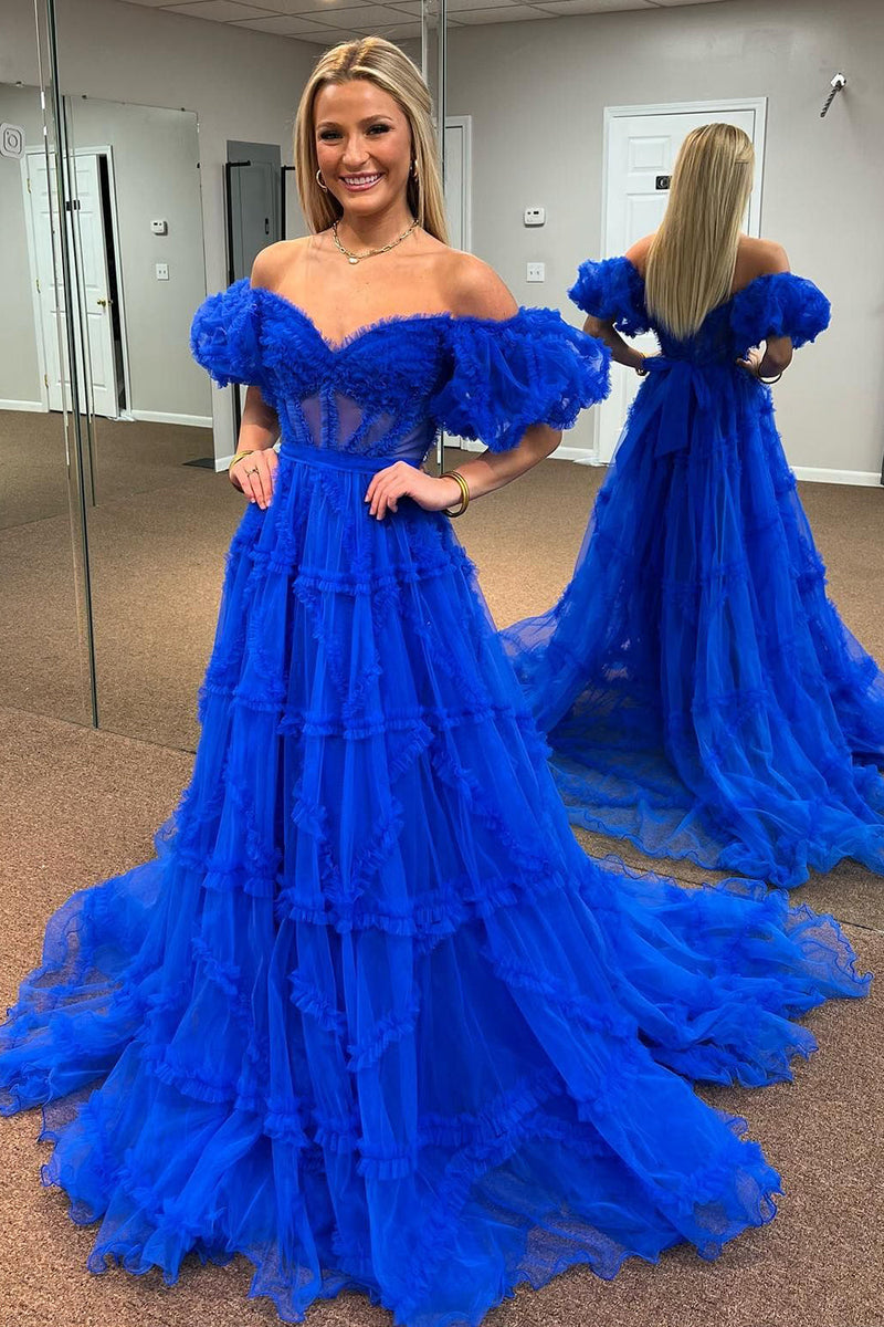 Laden Sie das Bild in den Galerie-Viewer, Royalblaues A-Linie Schluterfreies Korsett Lange Abendkleid