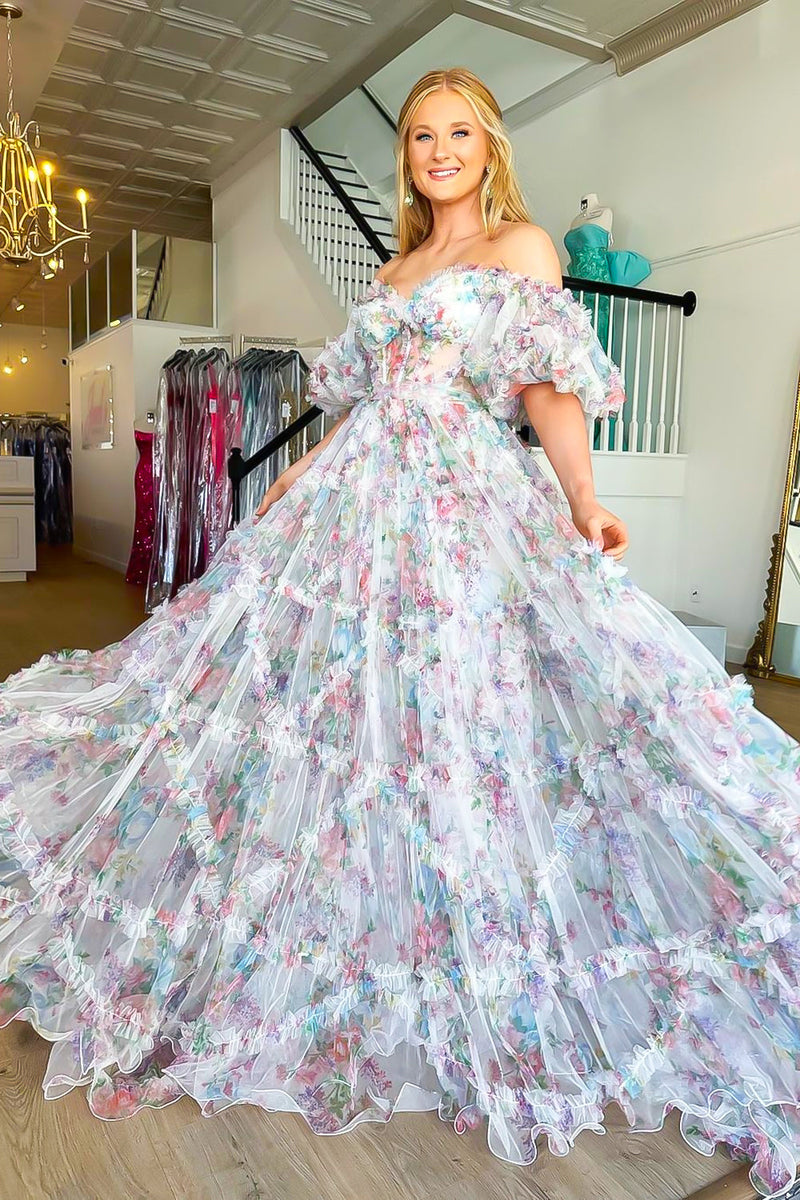 Laden Sie das Bild in den Galerie-Viewer, Schulterfreies Rosa Langes Ballkleid mit Blumenmuster und Rüschen