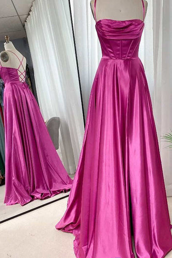 Dunkelgrünes Spaghettiträger Korsett Satin Abendkleid mit Rüschen und Schlitz