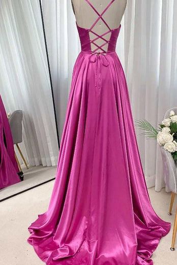 Dunkelgrünes Spaghettiträger Korsett Satin Abendkleid mit Rüschen und Schlitz