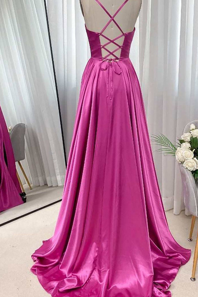 Laden Sie das Bild in den Galerie-Viewer, Dunkelgrünes Spaghettiträger Korsett Satin Abendkleid mit Rüschen und Schlitz