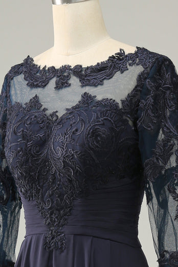 Asymmetrisches marineblaues Brautmutterkleid mit langen Ärmeln