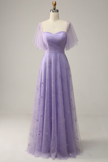 Lavendel A-Linie Schulterfreies Lange Tüll Abendkleid mit Rüschen