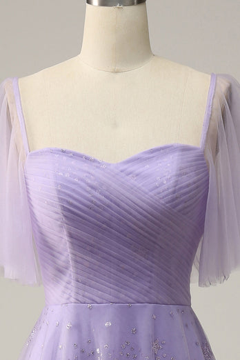 Lavendel A-Linie Schulterfreies Lange Tüll Abendkleid mit Rüschen