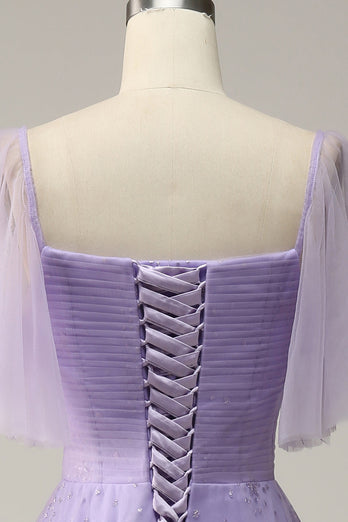 Lavendel A-Linie Schulterfreies Lange Tüll Abendkleid mit Rüschen