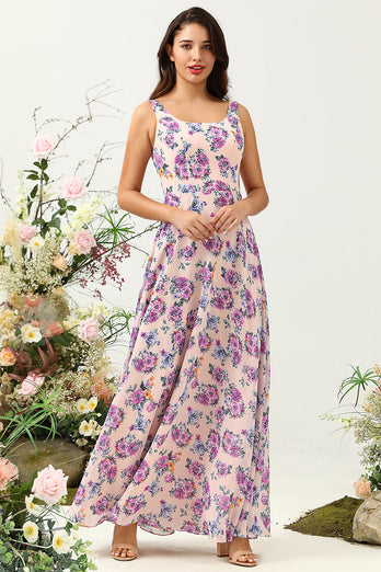 Erröten Lila Blume Boho Chiffon Brautjungfernkleid