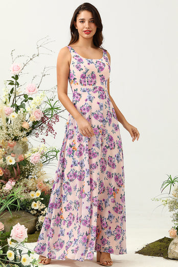 Erröten Lila Blume Boho Chiffon Brautjungfernkleid