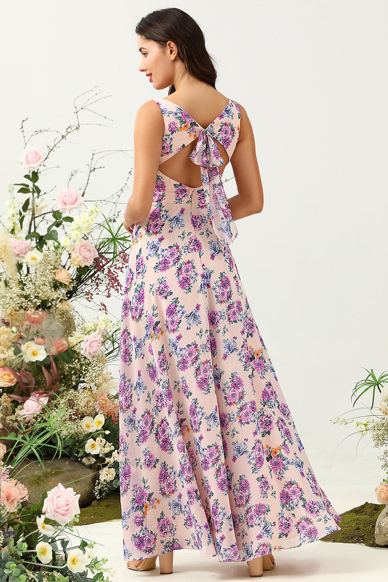 Laden Sie das Bild in den Galerie-Viewer, Erröten Lila Blume Boho Chiffon Brautjungfernkleid