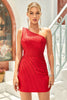 Laden Sie das Bild in den Galerie-Viewer, Bodycon One Shoulder Rotes kurzes Cocktailkleider mit Perlenstickerei