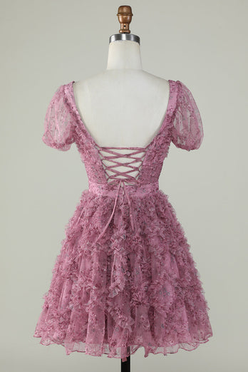 Wunderschönes A Line Floral Dusty Rose Cocktailkleid mit Rüschen