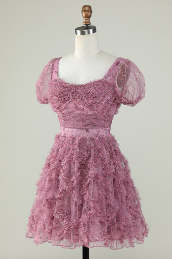 Wunderschönes A Line Floral Dusty Rose Cocktailkleid mit Rüschen