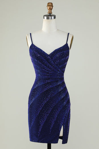 Sparkly Sheath Spaghettiträger Königsblaues kurzes Cocktailkleid mit Perlen