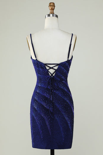 Sparkly Sheath Spaghettiträger Königsblaues kurzes Cocktailkleid mit Perlen