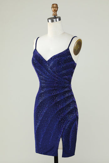 Sparkly Sheath Spaghettiträger Königsblaues kurzes Cocktailkleid mit Perlen