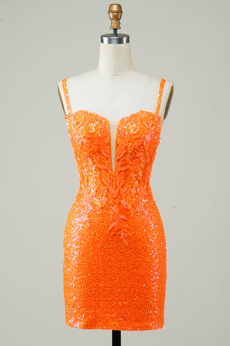 Glitzerndes orangefarbenes enges Cocktailkleid mit Perlen