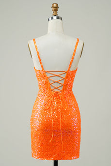 Glitzerndes orangefarbenes enges Cocktailkleid mit Perlen