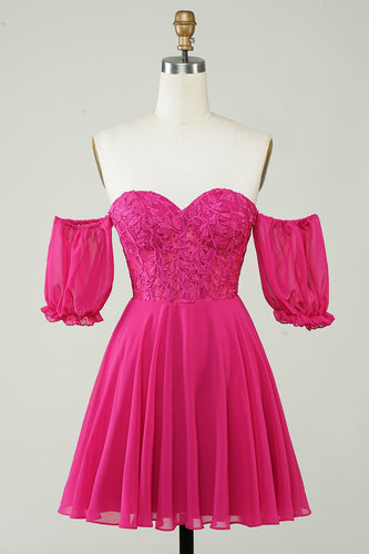 Fuchsia Korsett A-Linie Chiffon Kurzes Cocktailkleid mit Spitze