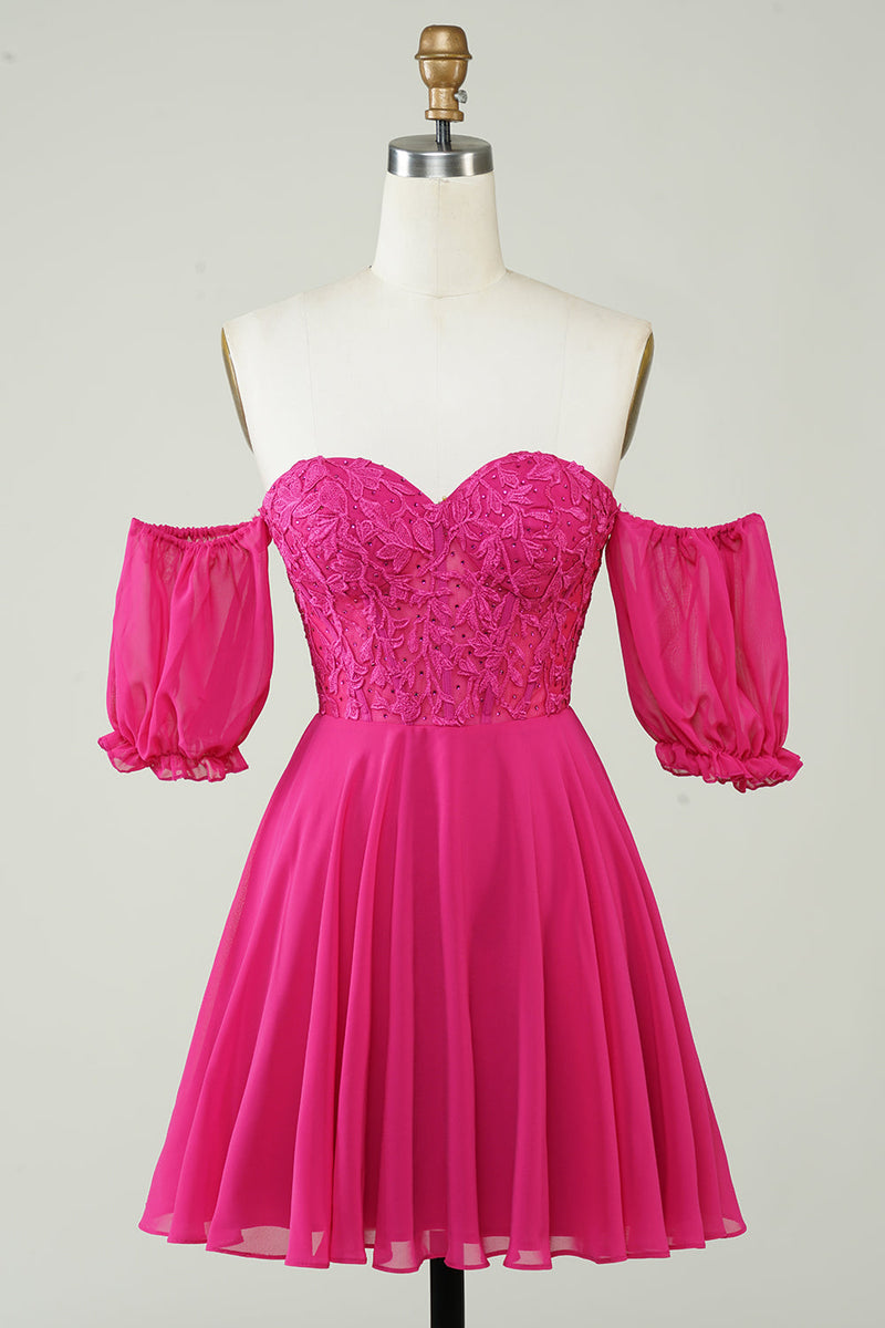 Laden Sie das Bild in den Galerie-Viewer, Fuchsia Korsett A-Linie Chiffon Kurzes Cocktailkleid mit Spitze