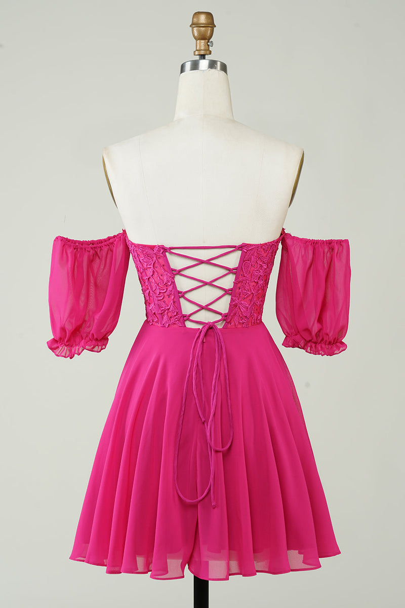 Laden Sie das Bild in den Galerie-Viewer, Fuchsia Korsett A-Linie Chiffon Kurzes Cocktailkleid mit Spitze