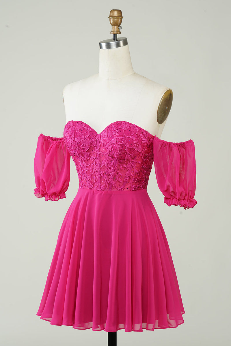 Laden Sie das Bild in den Galerie-Viewer, Fuchsia Korsett A-Linie Chiffon Kurzes Cocktailkleid mit Spitze