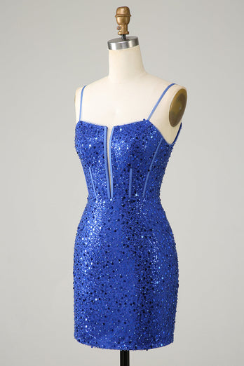 Königsblaues Bodycon Glitzerndes Spaghettiträger-Cocktailkleid