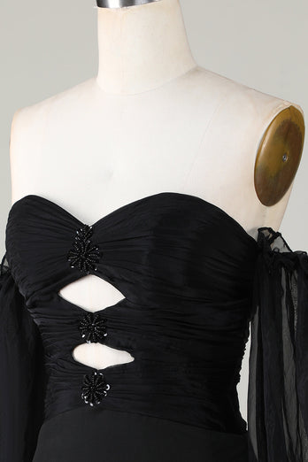 Schulterfreies Schlüsselloch Schwarzes Cocktailkleid mit Perlenstickerei