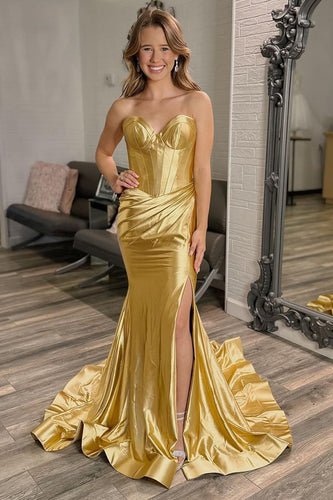 Goldenes Meerjungfrau Herzchen Satin Korsett Ballkleid mit Schlitz