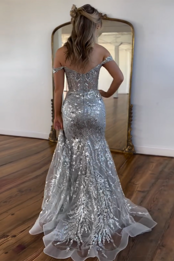 Glitzernde Meerjungfrau schulterfreies Champagne Korsett-Ballkleid mit Schlitz