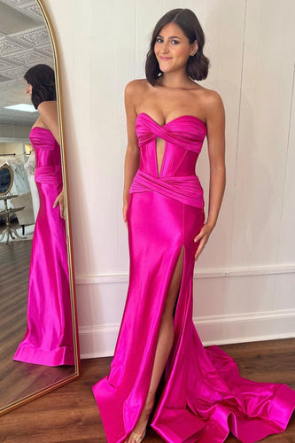 Glitzernd Fuchsia  Meerjungfrau Korsett Satin Lange Abendkleid mit Schlitz