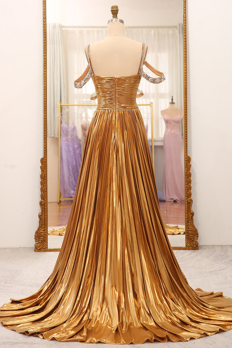 Laden Sie das Bild in den Galerie-Viewer, Glitzerndes Spaghettiträger-Kleid mit Perlen und Metallic-Schlitz