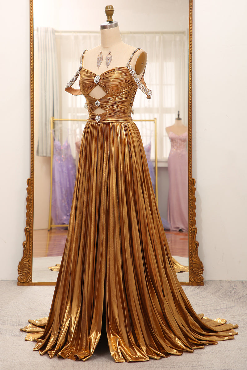 Laden Sie das Bild in den Galerie-Viewer, Glitzerndes Spaghettiträger-Kleid mit Perlen und Metallic-Schlitz