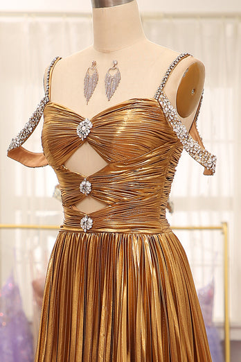 Glitzerndes Spaghettiträger-Kleid mit Perlen und Metallic-Schlitz