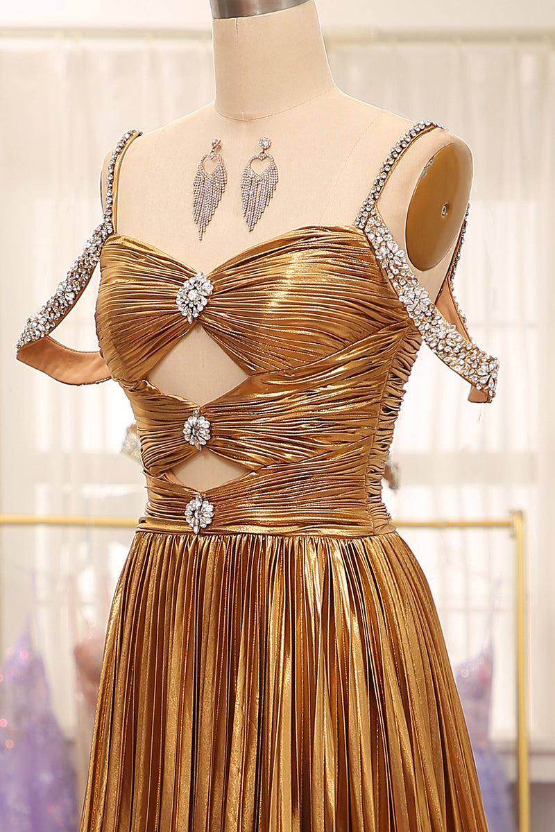 Laden Sie das Bild in den Galerie-Viewer, Glitzerndes Spaghettiträger-Kleid mit Perlen und Metallic-Schlitz