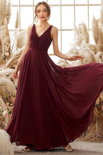 Burgund V-Ausschnitt Chiffon BrautjungfernKleid