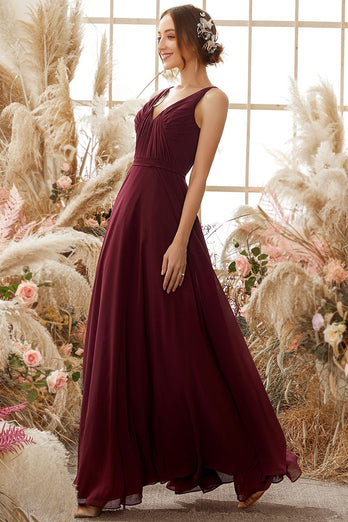 Burgund V-Ausschnitt Chiffon BrautjungfernKleid