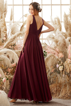 Burgund V-Ausschnitt Chiffon BrautjungfernKleid