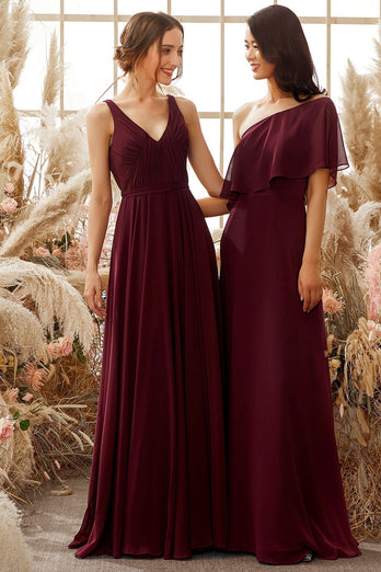 Burgund V-Ausschnitt Chiffon BrautjungfernKleid