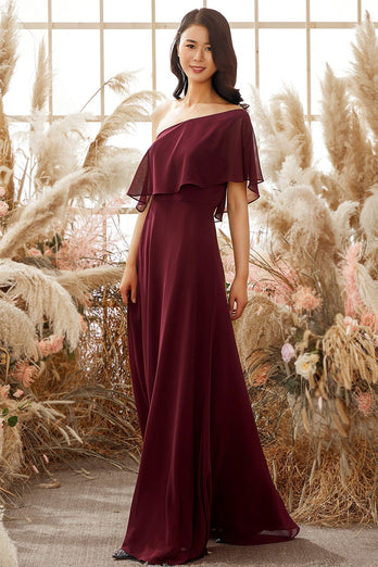 Ein Schulter Burgundy Chiffon Brautjungfernkleid