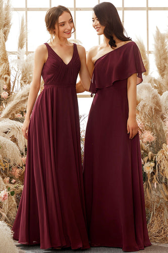 Ein Schulter Burgundy Chiffon Brautjungfernkleid