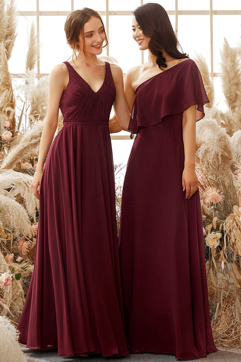 Laden Sie das Bild in den Galerie-Viewer, Ein Schulter Burgundy Chiffon Brautjungfernkleid