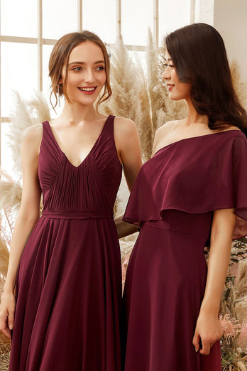 Ein Schulter Burgundy Chiffon Brautjungfernkleid