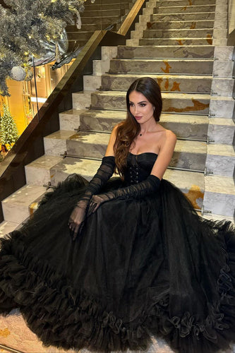 A Linie Schwarzes Korsett Ballkleid mit Rüschen