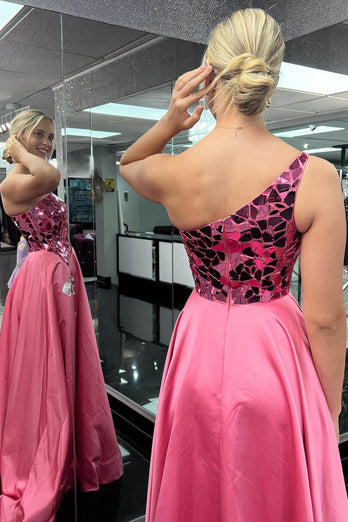 Glitzerndes Rosa Ein-Schulter-Spiegel-Lange Abendkleid mit Schlitz