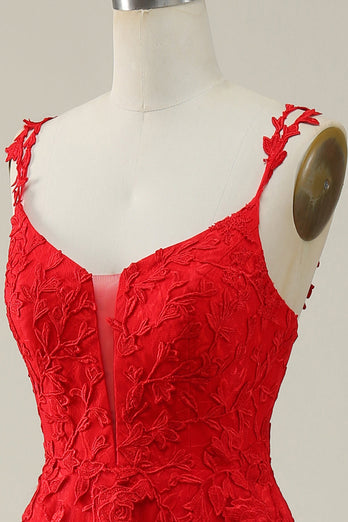 Spaghettiträger Rotes Tüll Ballkleid mit Applikationen und Schlitz